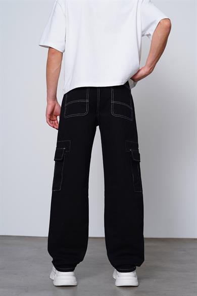 Siyah Double Cep Detay  Dikiş Kargo Baggy Pantolon