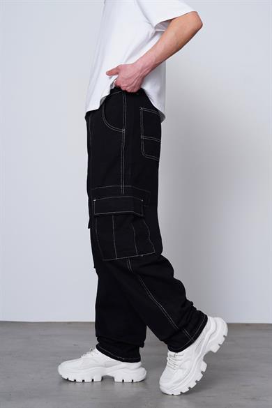 Siyah Double Cep Detay  Dikiş Kargo Baggy Pantolon