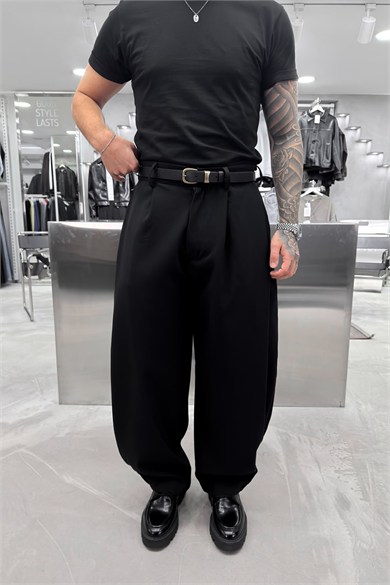 Siyah Double Pile Detaylı Balon Fit Pantolon