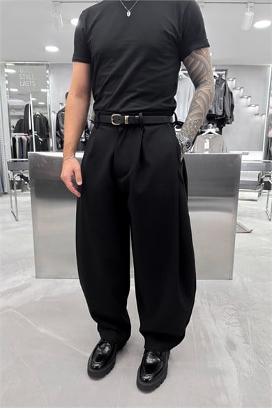 Siyah Double Pile Detaylı Balon Fit Pantolon