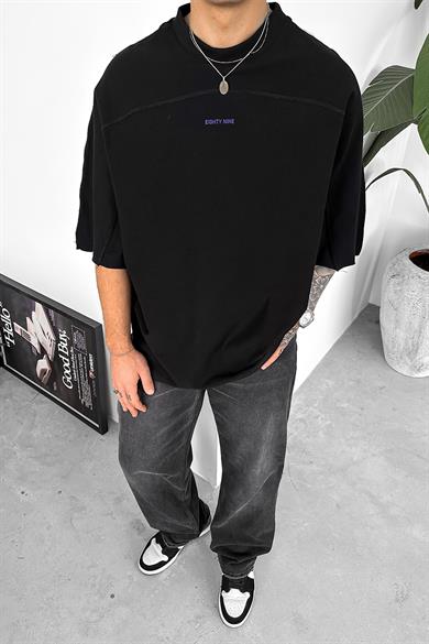 Siyah Eighty Nine Dikiş Detay Oversize Tişört