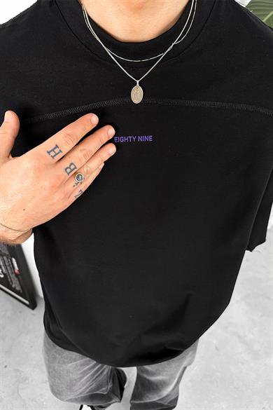 Siyah Eighty Nine Dikiş Detay Oversize Tişört