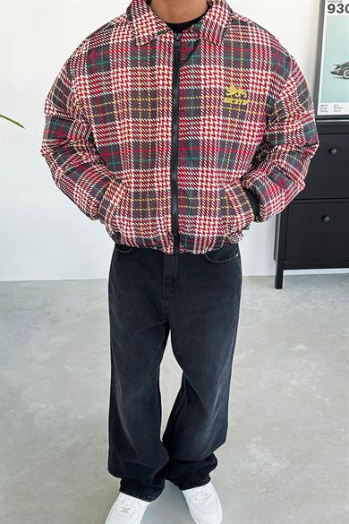 Siyah Ekose Desenli Ultra Baskı Oversize Şişme Mont