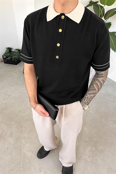 Siyah Elegance Contrast Relaxed Polo Yaka Tişört