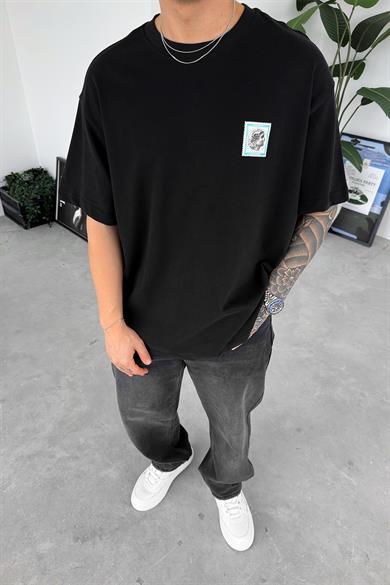 Siyah Empire Baskılı Oversize Tişört