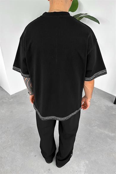 Siyah Etnik Desenli Oversize Tişört