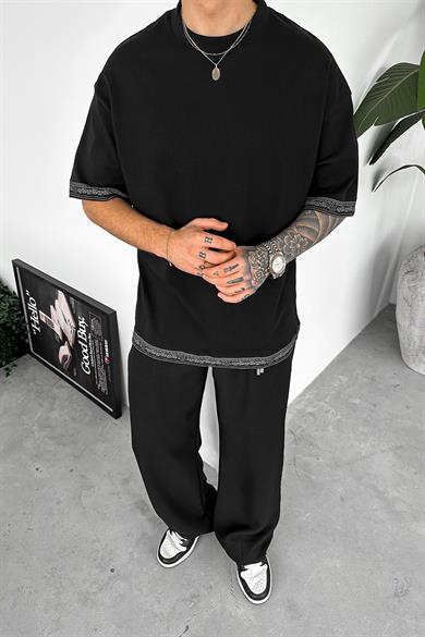 Siyah Etnik Desenli Oversize Tişört
