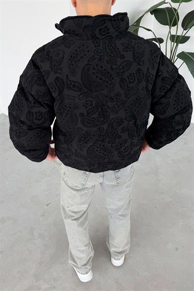 Siyah Etnik Kabartma Detay Oversize Puffer Mont