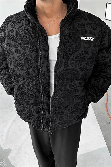 Siyah Etnik Kabartma Detay Oversize Puffer Mont