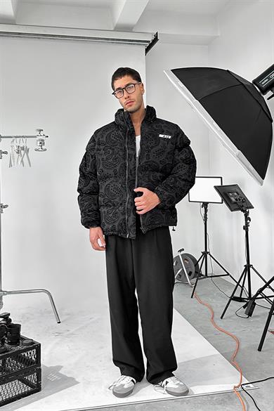 Siyah Etnik Kabartma Detay Oversize Puffer Mont