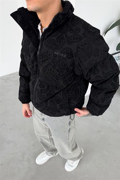 Siyah Etnik Kabartma Detay Oversize Puffer Mont