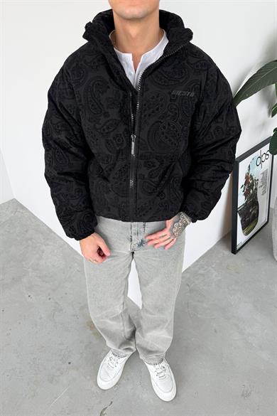 Siyah Etnik Kabartma Detay Oversize Puffer Mont