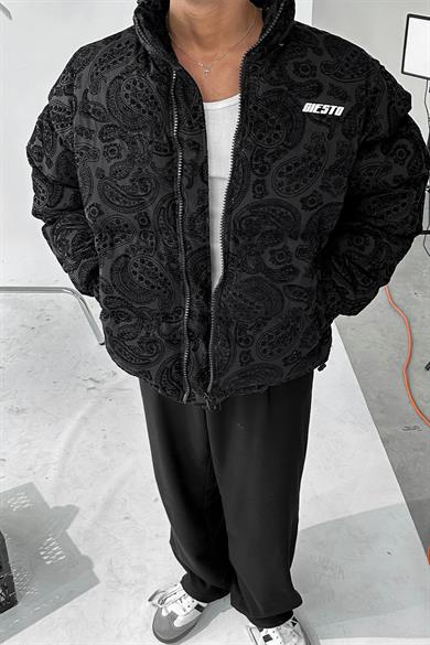 Siyah Etnik Kabartma Detay Oversize Puffer Mont