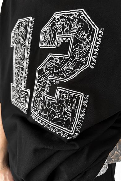 Siyah Etnik Nakışlı Oversize Tişört
