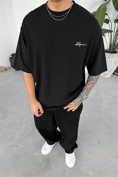 Siyah Etnik Nakışlı Oversize Tişört