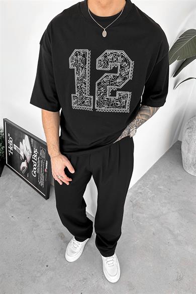 Siyah Etnik Nakışlı Oversize Tişört