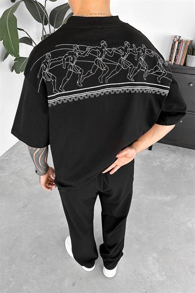 Siyah Etnik Nakışlı Oversize Tişört