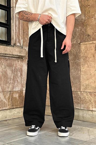 Siyah Fermuar Cepli Beli İpli CH Baggy Pantolon