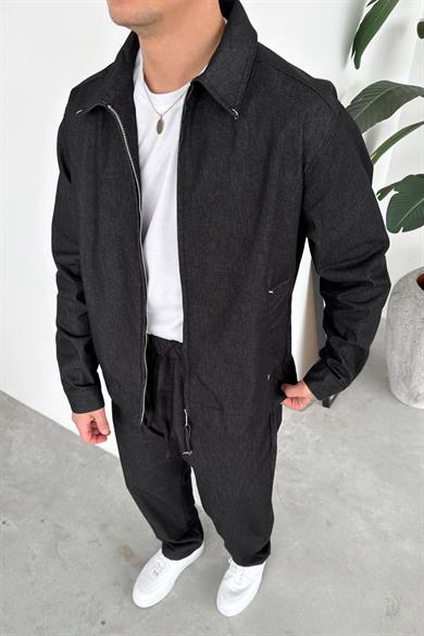 Siyah Fermuarlı Dokulu Relaxed Fit Boxy Ceket