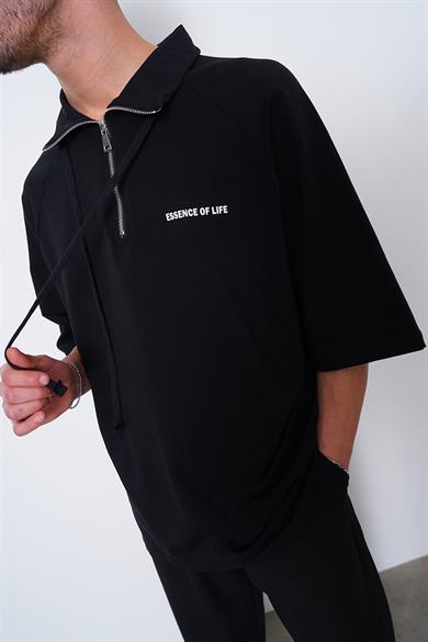 Siyah Fermuarlı EE Oversize Polo Yaka Tişört