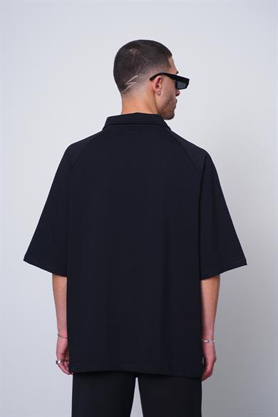 Siyah Fermuarlı EE Oversize Polo Yaka Tişört