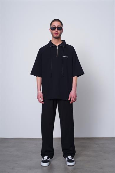 Siyah Fermuarlı EE Oversize Polo Yaka Tişört