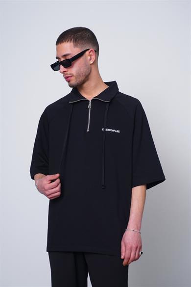 Siyah Fermuarlı EE Oversize Polo Yaka Tişört
