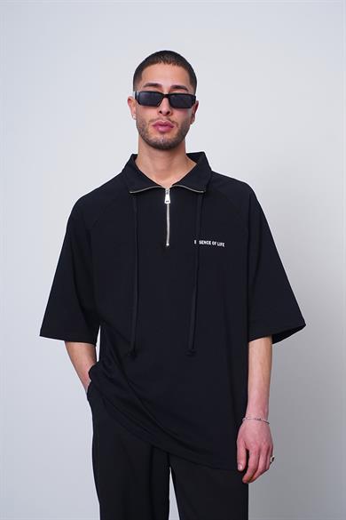 Siyah Fermuarlı EE Oversize Polo Yaka Tişört