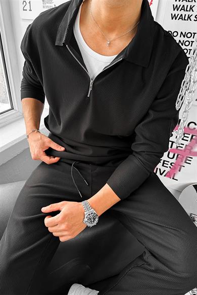 Siyah Fermuarlı Uzun Kollu Fitilli Relaxed Polo Yaka Tişört