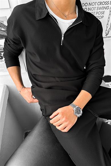 Siyah Fermuarlı Uzun Kollu Fitilli Relaxed Polo Yaka Tişört
