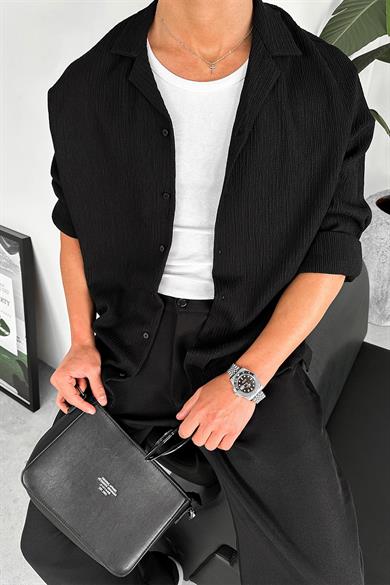 Siyah Fitilli Basic Oversize Gömlek