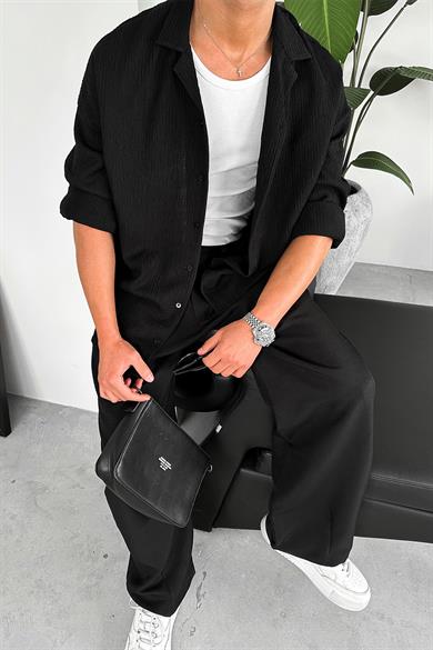 Siyah Fitilli Basic Oversize Gömlek