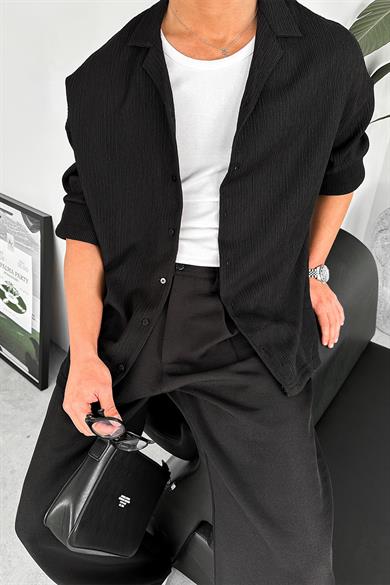 Siyah Fitilli Basic Oversize Gömlek