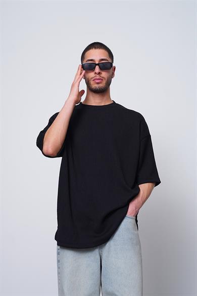 Siyah Fitilli Basic Yırtmaç Detay O7 MH Oversize Tişört
