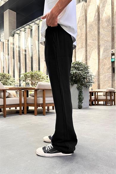 Siyah Fitilli Beli Lastikli Keten GO Baggy Pantolon