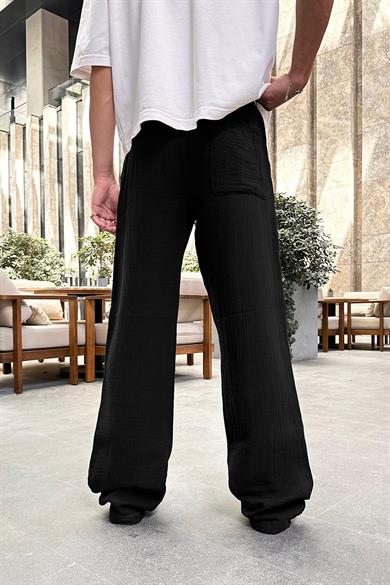 Siyah Fitilli Beli Lastikli Keten GO Baggy Pantolon
