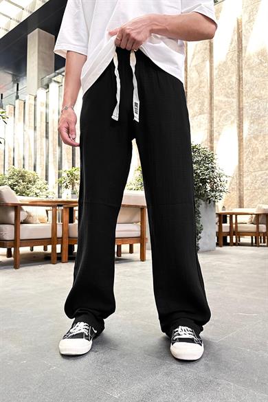Siyah Fitilli Beli Lastikli Keten GO Baggy Pantolon