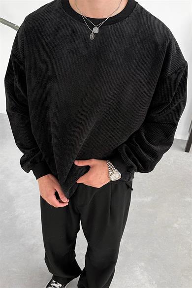 Siyah Fitilli Kadife Basic Sweat