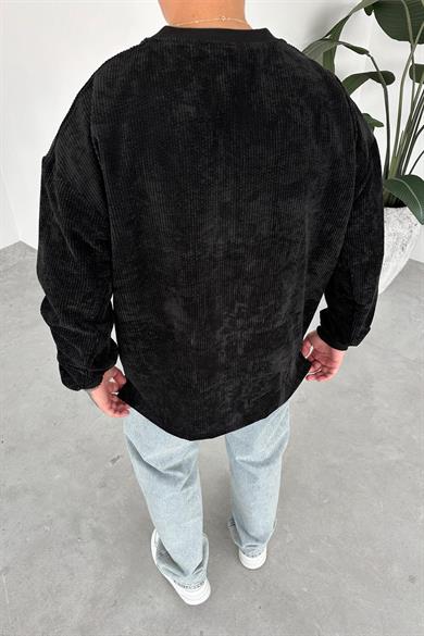 Siyah Fitilli Kadife Basic Sweat