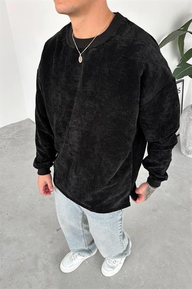 Siyah Fitilli Kadife Basic Sweat