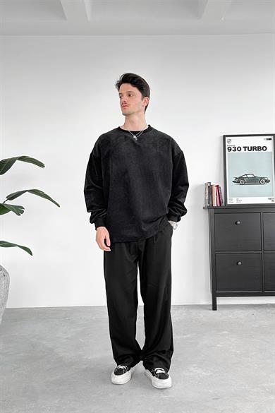 Siyah Fitilli Kadife Basic Sweat