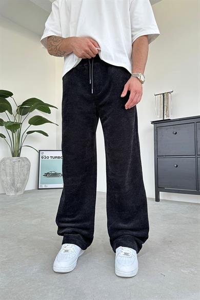 Siyah Fitilli Kadife Kumaş Baggy Pantolon
