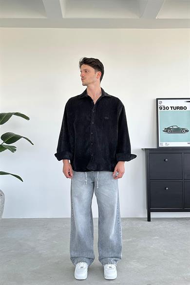 Siyah Fitilli Kadife Oversize Gömlek