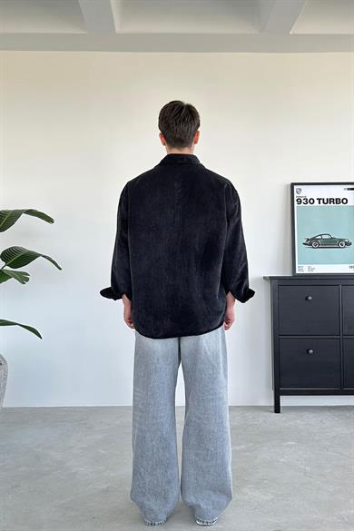 Siyah Fitilli Kadife Oversize Gömlek
