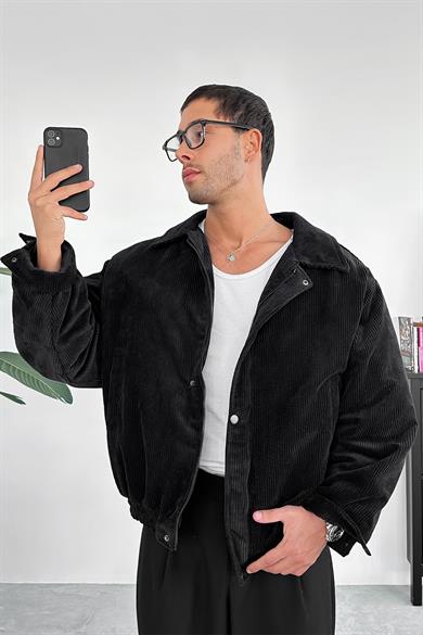 Siyah Fitilli Kadife Oversize Mont