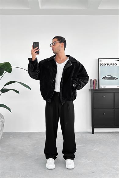 Siyah Fitilli Kadife Oversize Mont