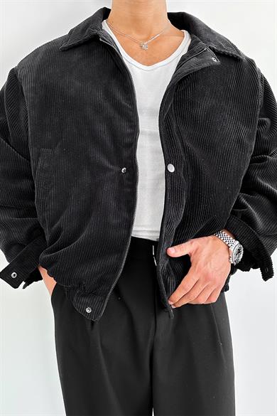 Siyah Fitilli Kadife Oversize Mont