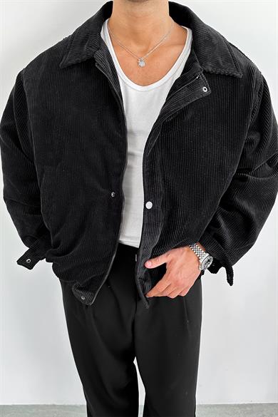 Siyah Fitilli Kadife Oversize Mont