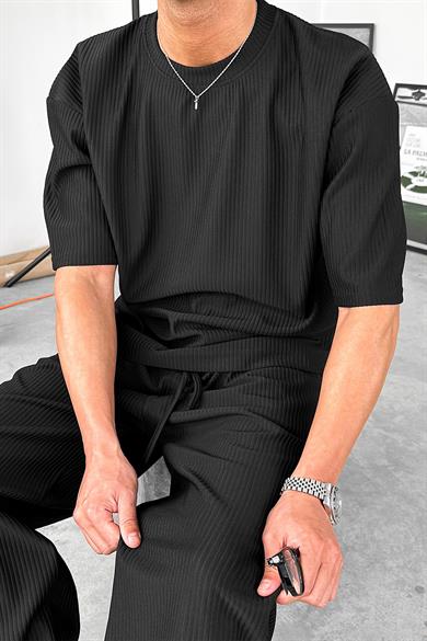 Siyah Fitilli Oversize Tişört