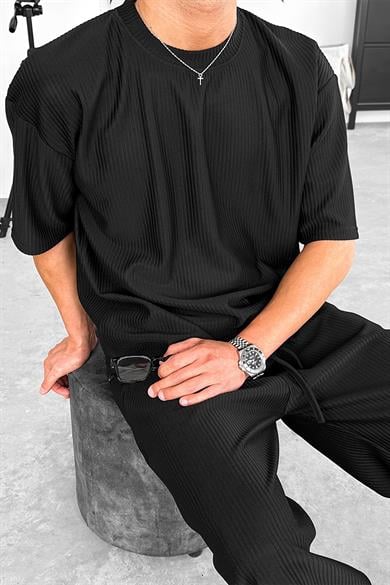 Siyah Fitilli Oversize Tişört